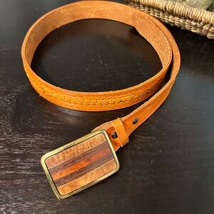Trinity Solid Brass with Wood inlay detail Buckle with whip stitch leather belt